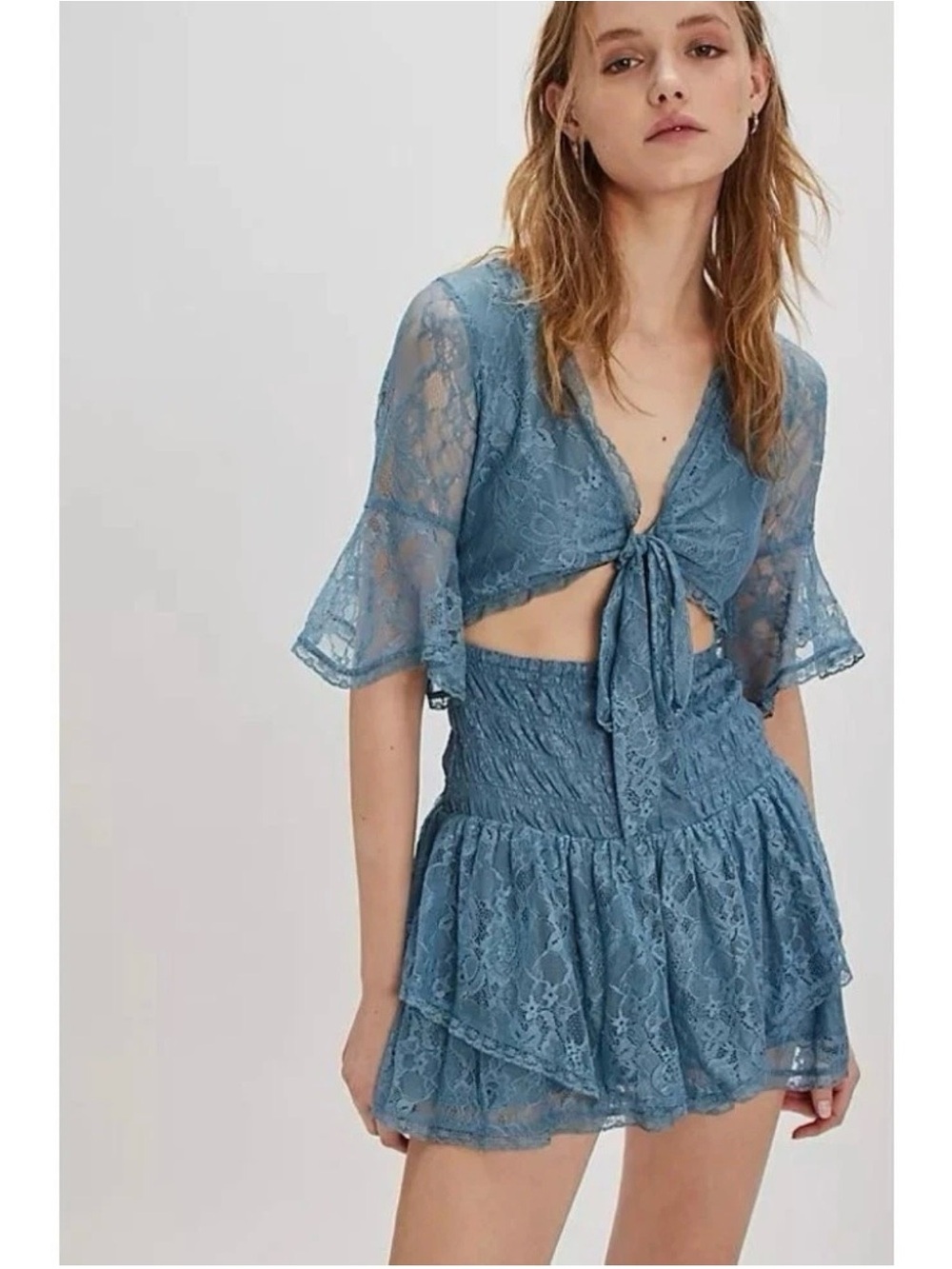 Free People LALA Reversible Dusty Blue Lace Mini Dress Size Medium
